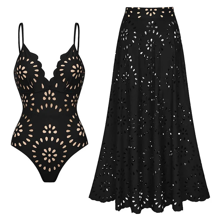 Laser Cut - Flower One Piece Swimsuit and Skirt