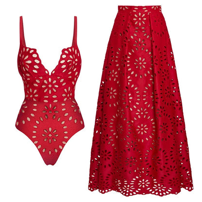 Laser Cut - Flower One Piece Swimsuit and Skirt