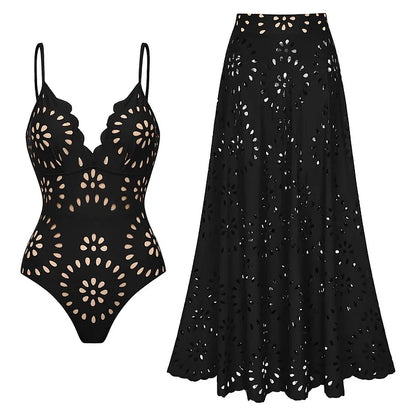 Laser Cut - Flower One Piece Swimsuit and Skirt