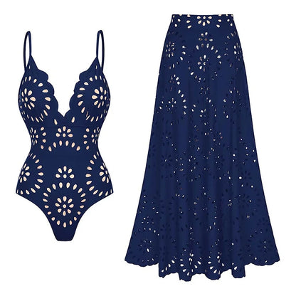 Laser Cut - Flower One Piece Swimsuit and Skirt